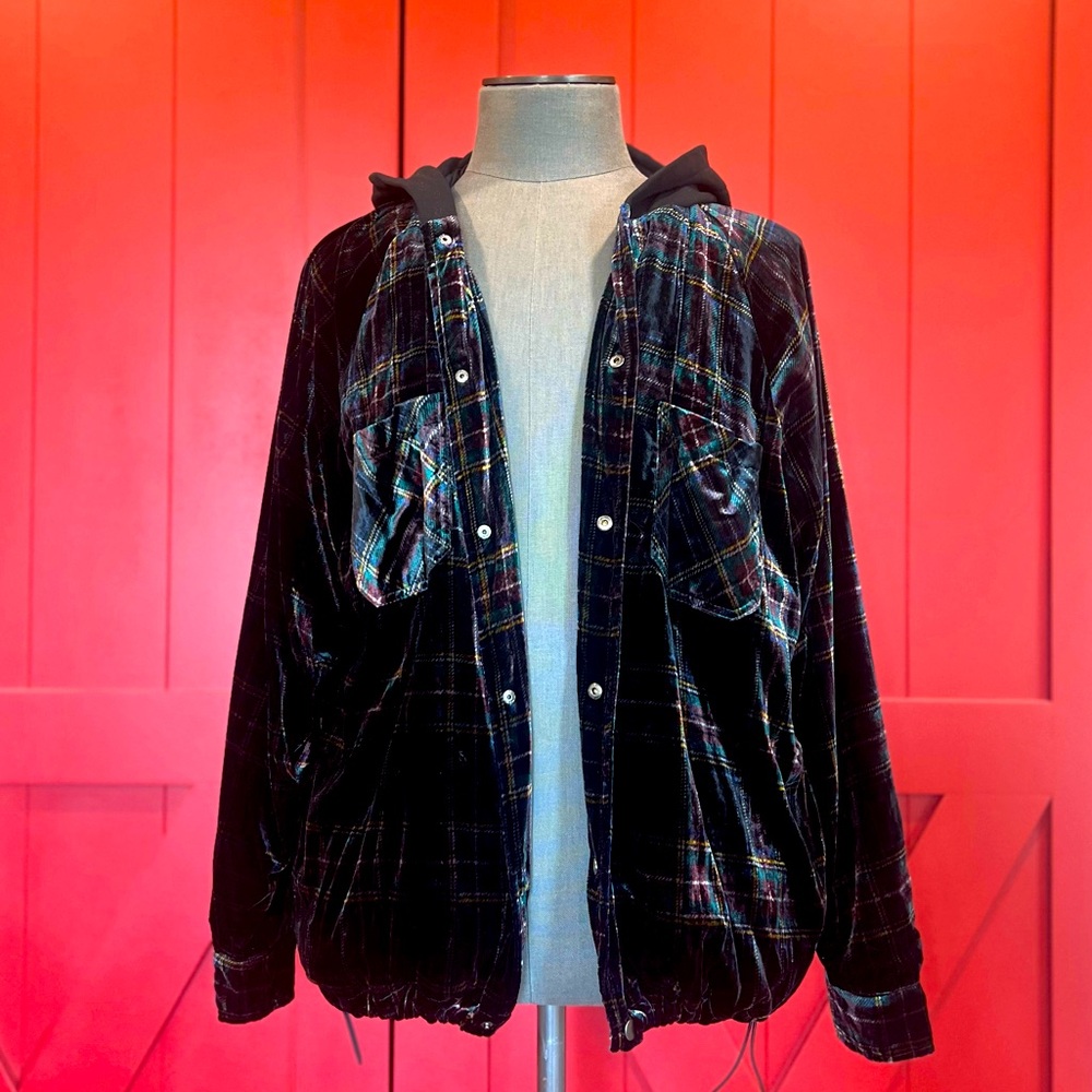 Zara Plaid Velvet Hooded Jacket